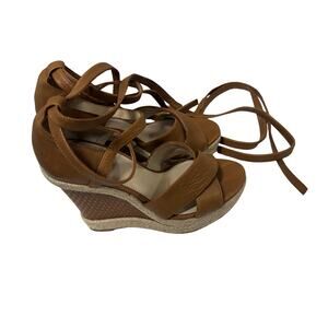 PAIGE Brown Leather Wedge Sandals Lace Up Espadrille Platform Womens Size 6
